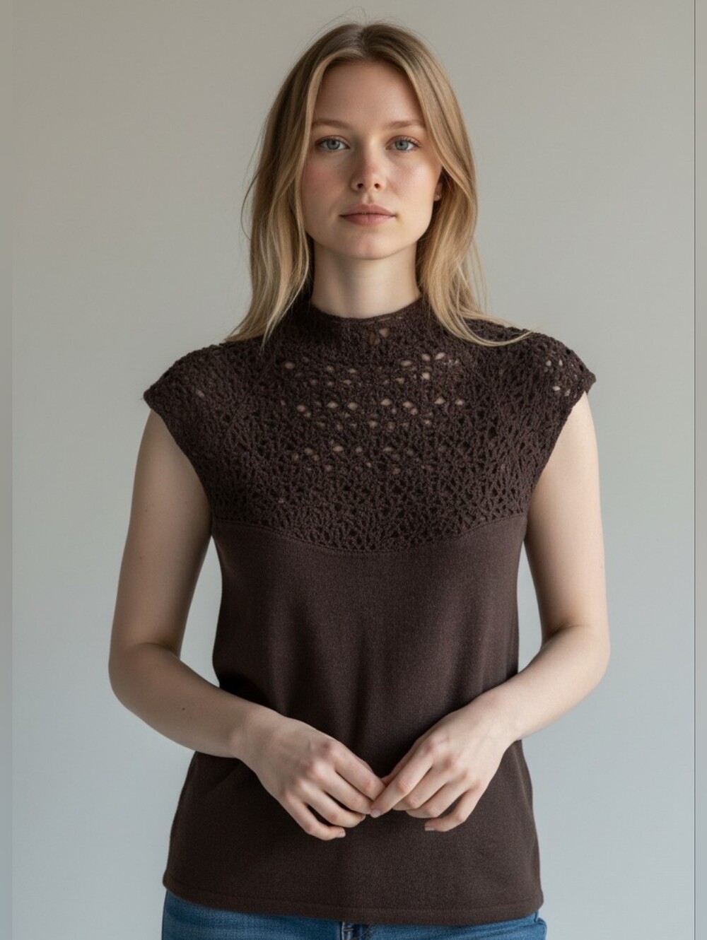 Pringle Vintage Cashmere Dark Brown Crochet Yoke Tank Top Made In Scotland